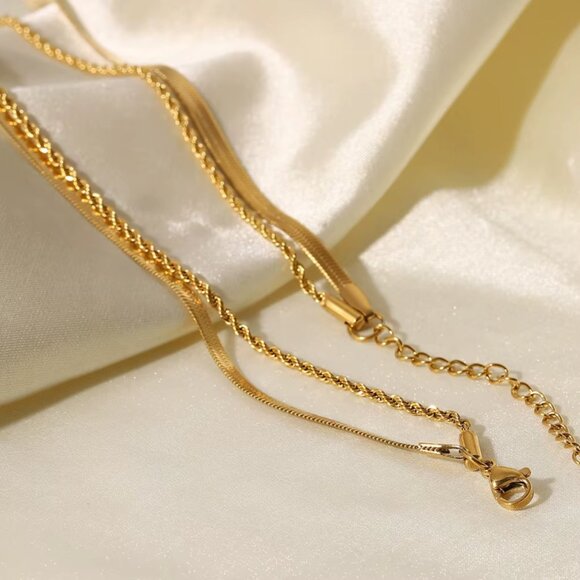 18k Gold Snake Chain & Rope Chain Layered Necklace Minimalist Layer Necklace - Picture 5 of 6